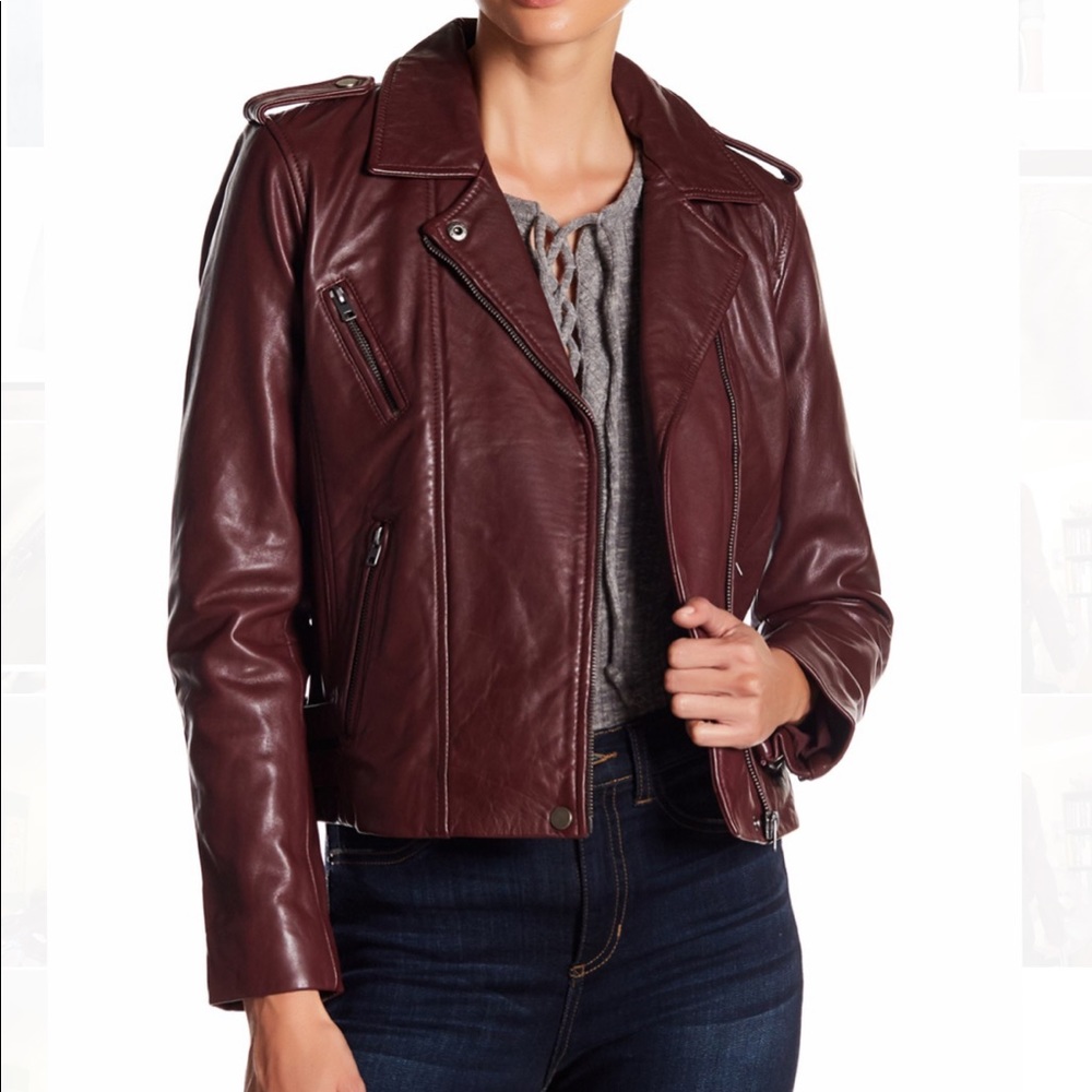 Lucky Brand Burgundy Leather Biker Jacket - Picture 3 of 6